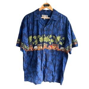 Kalaheo Men's Vintage Hawaiian Shirt Classic Cars Leaf Print Blue Size Large